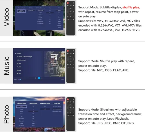 Vista 6 de 4K@30Hz Media Player with Dual HDMI, AV/VGA Output, 4K HDMI Splitter, Digital MP4 Player for 14TB HDD/512G USB/256G SD Card/H.265 MP4, Remote