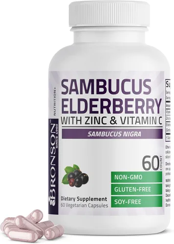 Bronson Sambucus Saúco con zinc y vitamina C Complejo triple de apoyo inmunológico y antioxidante, sin OMG, 60 cápsulas vegetarianas