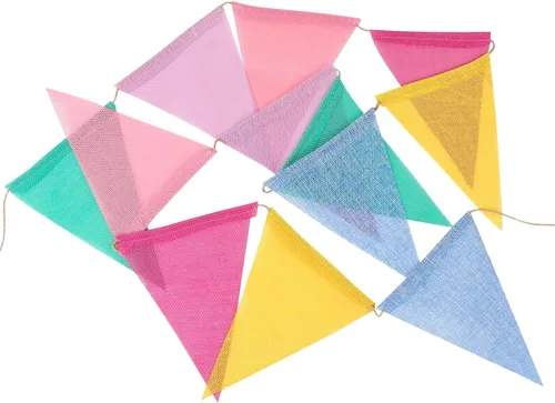 Vista 7 de MIDELONG Banderín de arpillera de imitación con 24 banderas, triángulo de tela multicolor, colorido arco iris, banderines para fiesta, cumpleaños