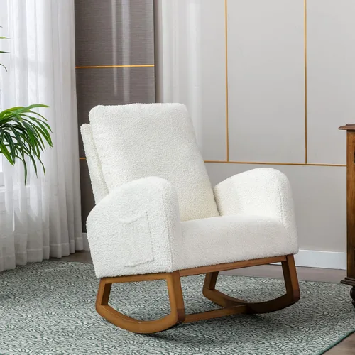 Vista 7 de Mecedora moderna, silla mecedora tapizada para bebé, cómoda silla con bolsillo lateral, sillón para sala de estar, respaldo alto con diseño
