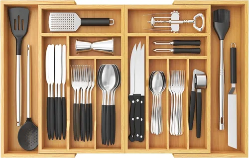 Lifewit Organizador grande de cubiertos y cajones, expandible de 21.4 a 36 pulgadas de ancho, bandeja de utensilios de bambú para cocina, cubiertos
