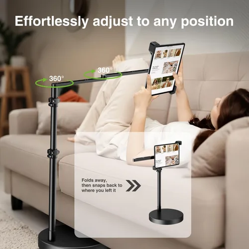 Vista 6 de elitehood Soporte de suelo para iPad de diseño diagonal con base resistente, soporte horizontal de 24 pulgadas de brazo largo para tableta