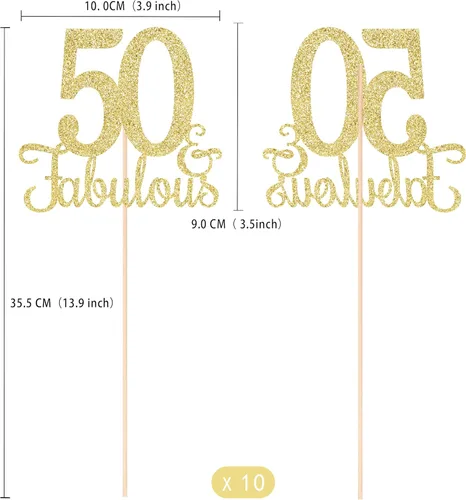 Vista 2 de Gexolenu 50 y fabulosos, paquete de 10 centros de mesa de cumpleaños de 50 cumpleaños de doble cara con purpurina dorada para mesas, decoración