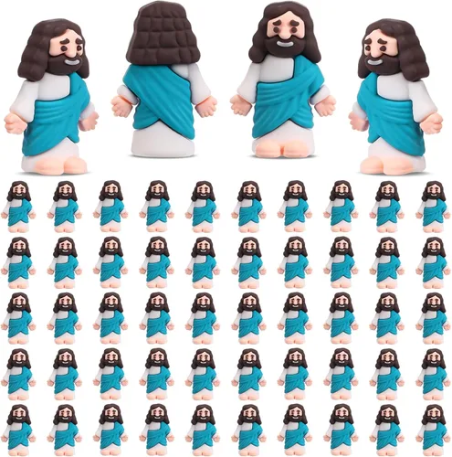 Vista 9 de Bememo 50 piezas de mini figuras de Jesús de diseño original, figuras religiosas de pequeño Jesús a granel para esconderse y buscar escuela