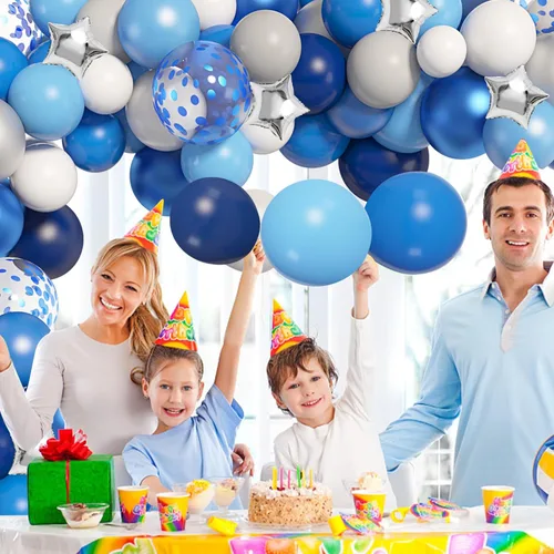 Vista 4 de Amandir Kit de guirnalda de arco de globos azul marino, 144 globos de papel de aluminio de estrella plateada con confeti azul claro real