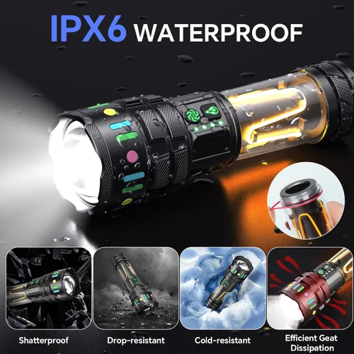 Vista 7 de Linternas recargables de alto lúmenes 10000, luz LED súper brillante de larga duración, linterna de camping con 13 modos, impermeable, ajustable LED