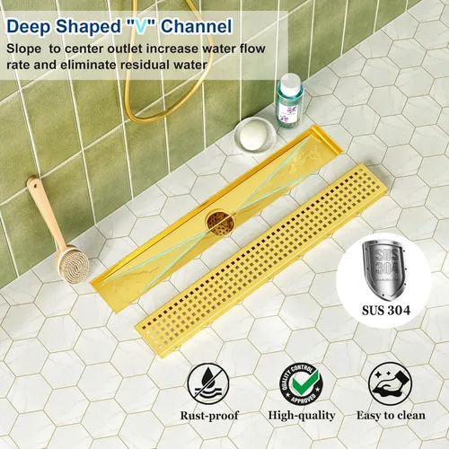 Vista 6 de Neodrain Drenaje lineal de ducha de latón cepillado de 18 pulgadas con rejilla extraíble de patrón cuadrado,fabricante profesional de drenaje
