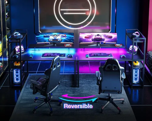 Vista 6 de ODK Escritorio reversible para juegos con tomas de corriente y luces LED, escritorio para computadora de 48 pulgadas con estantes de almacenamiento