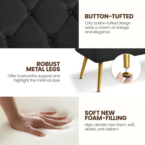 Vista 6 de Yaheetech Otomanas negras de 45 pulgadas, banco de terciopelo para el extremo de la cama, reposapiés otomano con patas doradas para sala de estar