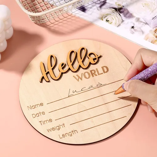 Vista 5 de NQEUEPN Letrero de anuncio para recién nacido, 5.9 pulgadas, de madera con texto en inglés «Hello World», letrero de bienvenida para bebés, placas