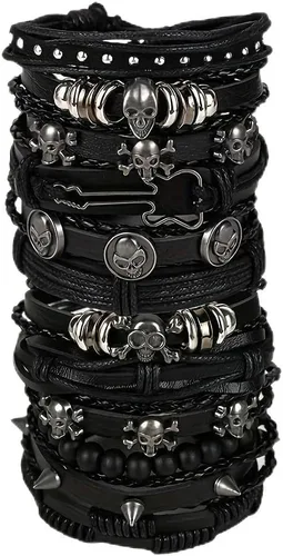 Juego de 12 pulseras de piel sintética negra estilo punk rock para mujeres/hombres, pulseras de cuero multicapa con dije de guitarra, diseño de