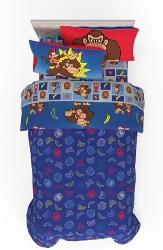 Vista 2 de Franco - Juego de ropa de cama coleccionable Nintendo Donkey Kong, 5 piezas, edredón reversible supersuave y juego de sábanas con funda