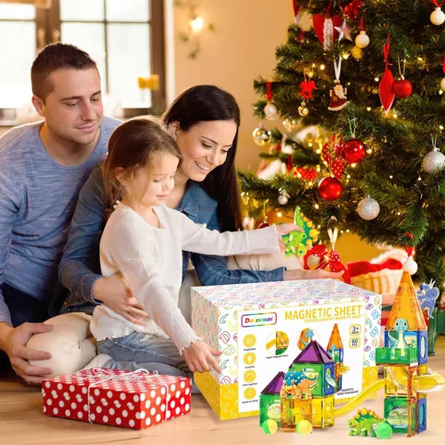 Vista 7 de Doloowee Juego de bloques magnéticos de dinosaurio, bloques de construcción de imanes de bricolaje para niños, 60 piezas de azulejos magnéticos