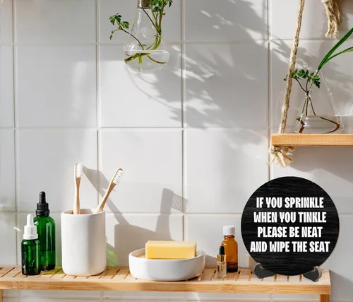 Vista 5 de Letrero rústico y divertido de baño con soporte, texto en inglés «Please Be Neat And Wipe The Seat», letrero con cita para inodoro de granja