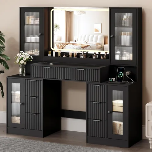 Vista 12 de Escritorio de tocador de 55 pulgadas con espejo y luces, tocador de maquillaje estriado con 8 cajones y 4 gabinetes, parte superior de vidrio