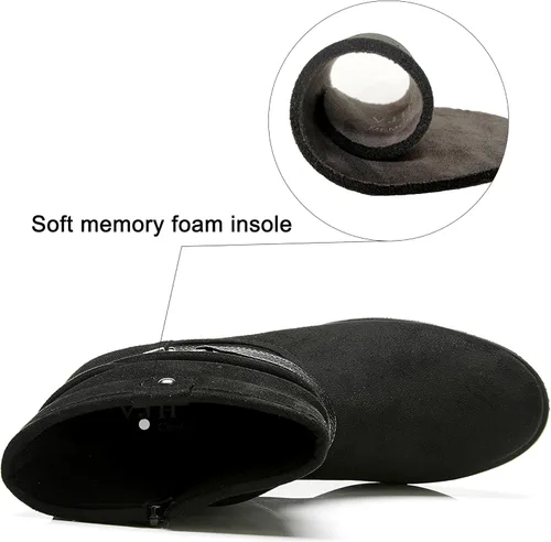 Vista 3 de VJH confort Botas de media pantorrilla para mujer, puntera redonda, tacón bajo, cómodo, holgado, con correa de hebilla y cremallera lateral