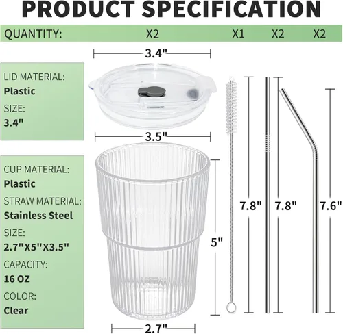 Vista 5 de Juego de 2 tazas de café helado con tapas y pajitas, vasos de plástico irrompibles de 16 onzas para bebidas reutilizables vaso de café helado
