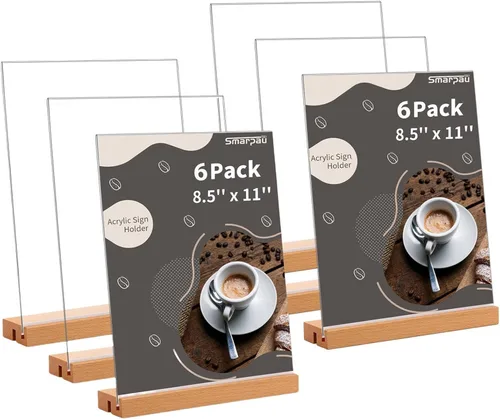 Vista 8 de Smarpau Soporte acrílico de 4 x 6 pulgadas con base de madera, paquete de 3 soportes 2 en 1 en forma de L/T 2 en 1, soporte de letrero de mesa