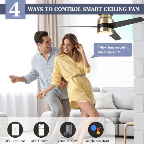 Vista 3 de Carro Ventilador de techo de perfil bajo de 52 pulgadas con luz, ventilador de techo inteligente con luz, funciona con Alexa/Google Assistant/Siri
