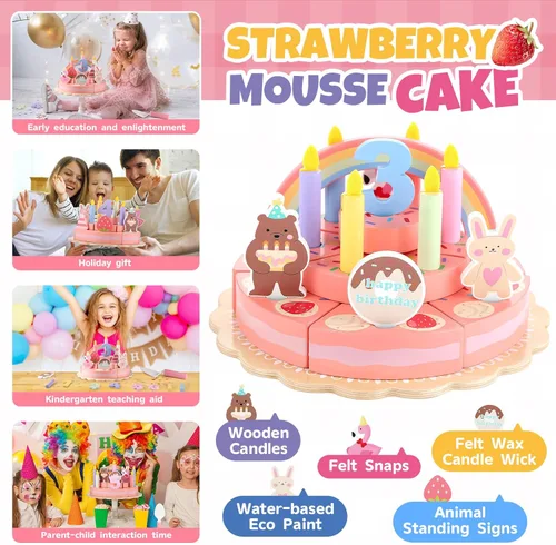 Vista 3 de GAGAKU Juguete de madera para pastel de cumpleaños – Juego de pastel de cumpleaños falso de 3 niveles para niños pequeños, juego de comida de madera