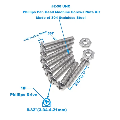 Vista 5 de Juego surtido de tornillos Phillips de cabeza plana de acero inoxidable #2-56 UNC y tuercas