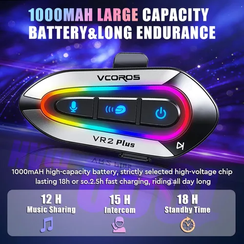 Vista 4 de VCOROS Auriculares para casco de motocicleta con luces RGB, intercomunicador de casco de 2 vías para 2 conductores, intercambio de música (N+), chip