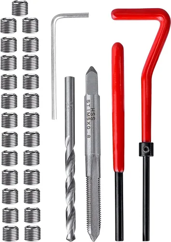Fixinus Kit de 30 piezas de inserción de reparación de roscas M5 x 0.031 in, kit de reparación de roscas de acero inoxidable, kit de reparación de