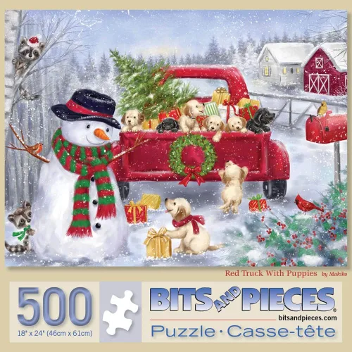 Bits and Pieces - Rompecabezas de 500 piezas para adultos de 18 x 24 pulgadas - Camión rojo con cachorros - 500 piezas de muñeco de nieve de perros