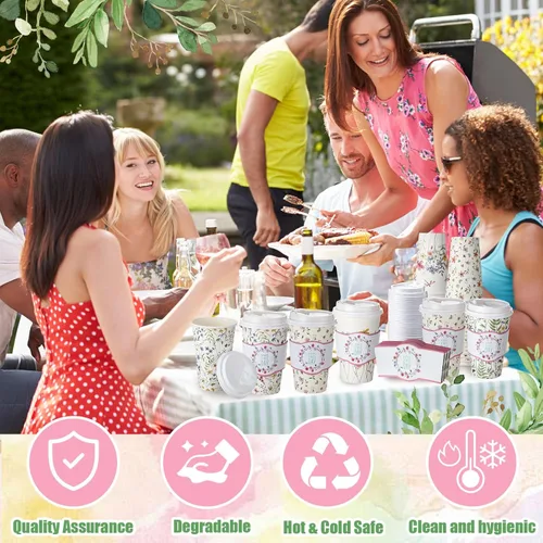 Vista 6 de Jingmore 48 juegos de tazas de café de papel desechables de 16 onzas con tapas, fundas para pajitas, vasos de papel para bebidas frías calientes