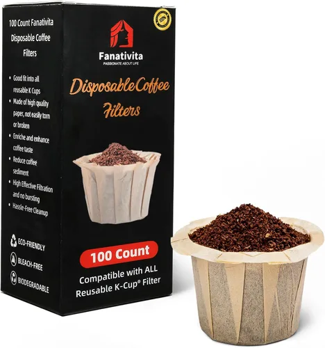 100 unidades de filtros de café K Cup desechables Fanativita para taza única Keurig, compatibles con todas las K Cup reutilizables (sin blanquear)