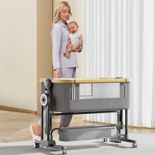 Vista 7 de Cuna para bebé 4 en 1, cuna junto a la cama para bebé, cuna con balanceo con colchón cómodo y ruedas, cuna portátil plegable fácil de ajustar en 7