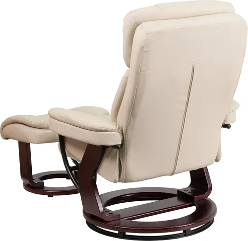 Vista 4 de Sillón reclinable y taburete de piel beige con base giratoria de madera caoba de Flash Furniture, Cuero, Beige