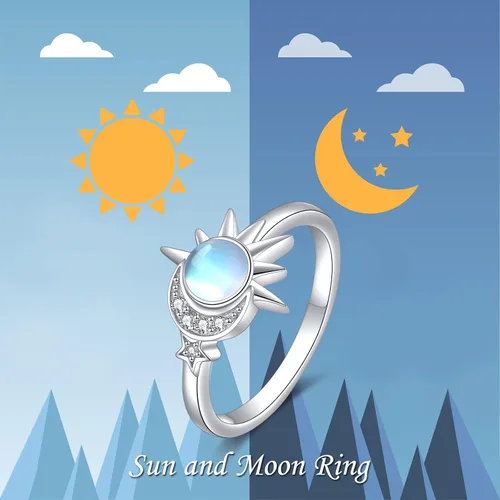 Vista 5 de YAFEINI Anillo de plata de ley con luna y estrella, luna creciente y sol, anillo de piedra lunar sintética, regalo de cumpleaños para mujer, Metal