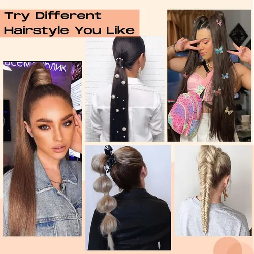 Vista 4 de SEIKEA Extensión de cola de caballo larga recta envolvente con clip, extensiones de cabello sintético suave natural para mujer, 35 pulgadas, rubio