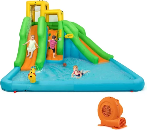 Vista 10 de OLAKIDS Tobogán acuático inflable, casa de rebote 6 en 1 con 2 toboganes, pared de escalada, piscina de salpicaduras, borde de baloncesto, pistola