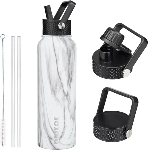 Vista 11 de BJPKPK - Botellas de agua aisladas con tapa con popote, botella grande de metal de 32 onzas con 3 tapas, termo reutilizable sin fugas y sin BPA