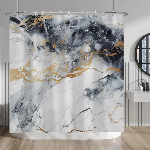 Vista 262 de Baocicco Cortina de ducha de mármol azul abstracto a rayas, decorativa, textura de lujo, línea moderna, decoración de acuarela, juego de cortinas