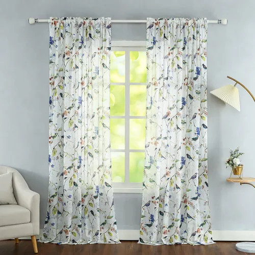 Vista 14 de Leeva - Cortinas impresas para ventana de dormitorio, cortinas de lino con ojales de aislamiento térmico con estampado de pájaros vívidos