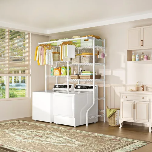 Vista 6 de Ulif U13 Estantes de Almacenamiento Medianos Sobre Lavadora y Secadora, Estante de Pie de 6 Niveles para Cuarto de Lavado con 2 Barras Colgadoras