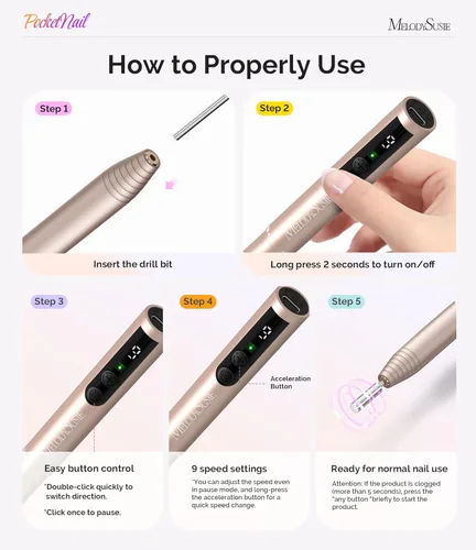 Vista 5 de MelodySusie PocketNail Taladro de Uñas Modular Inalámbrico en Forma de Bolígrafo, PC100GR 20000RPM Lima Eléctrica Delgada Portátil Recargable