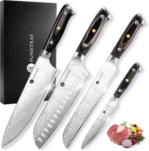 Juego de 4 cuchillos de cocina profesional, juego de cuchillos de chef de acero inoxidable alemán de Damasco con caja de madera, cuchillo de chef de
