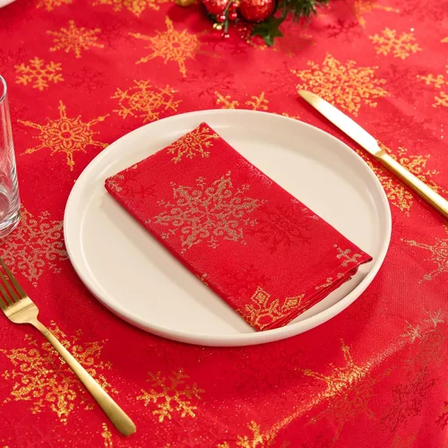 Kadut Servilletas de Navidad, servilletas de tela con copos de nieve rojos y dorados, tela metálica (17 x 17 pulgadas), juego de 4 unidades