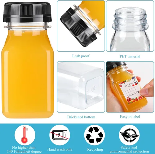 Vista 3 de Potchen 100 botellas vacías de plástico para jugo de 4 onzas con tapas, recipientes reutilizables transparentes a granel para bebidas con etiqueta