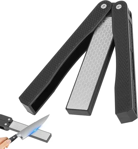 Piedra de afilar cuchillos plegable, afilador de doble cara, afilador rápido portátil para afilar cuchillos de cocina, tijeras, picador (negro)
