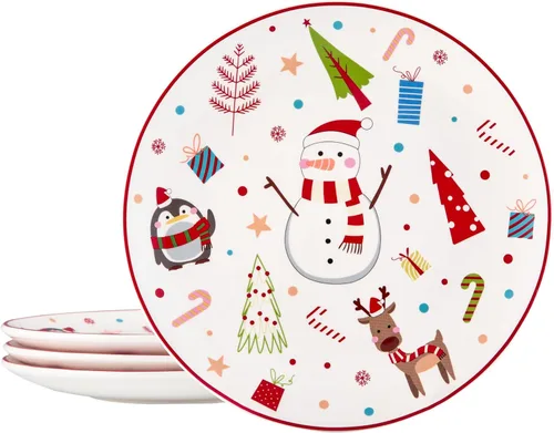 Vista 7 de Bico Juego de 4 platos de ensalada de gnomos de Navidad, platos de postre de cerámica de 8.75 pulgadas para ensalada, aperitivo, guarniciones