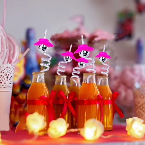 Vista 6 de 10 pajitas de bola de discoteca con espejo, mini sombrero de vaquera, pajitas de discoteca dobladas, decoraciones de fiesta de discoteca de los años
