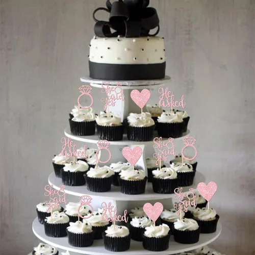 Vista 6 de 24 piezas de decoración de cupcakes con purpurina en forma de corazón con la frase "He Asked She Said Yes", para despedida de soltera, boda