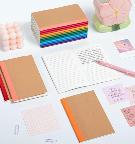 Vista 3 de ALKALO Paquete de 12 mini cuadernos forrados de bolsillo a granel, cubierta de papel kraft de 3.5 x 5.5 con espinas arcoíris