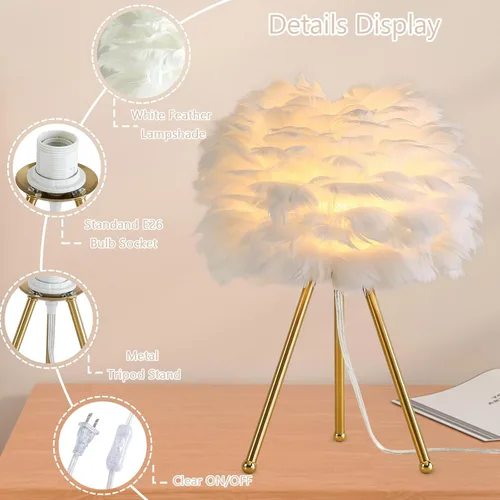 Vista 3 de Capslpad Lámpara de mesa con trípode de plumas, 15.3 pulgadas, moderna lámpara de mesa/escritorio blanca con acabado dorado para sala de estar