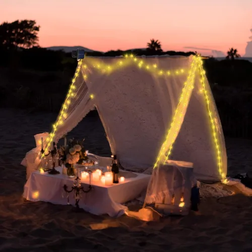 Vista 8 de ZNYCYE Luces solares para paraguas, luces solares para sombrilla de patio al aire libre con clip de panel solar de 5 V, 112 luces LED impermeables